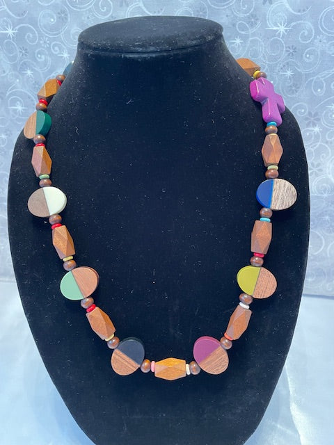 Wood Oval Necklace with Cross